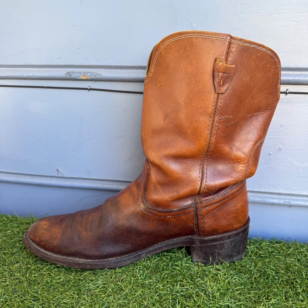 Vintage Mens Brown Leather Western Cowboy Pull On Work Boots Distressed - Picture 5 of 9